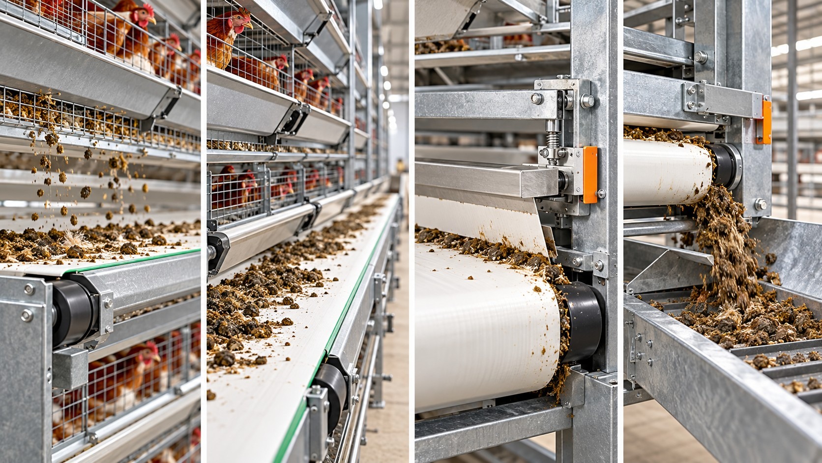 Tier manure belts and end scraper
